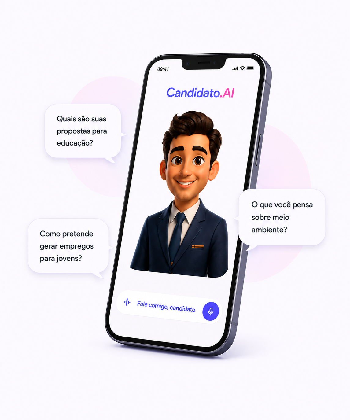 Candidato.AI no celular com perguntas dos eleitores