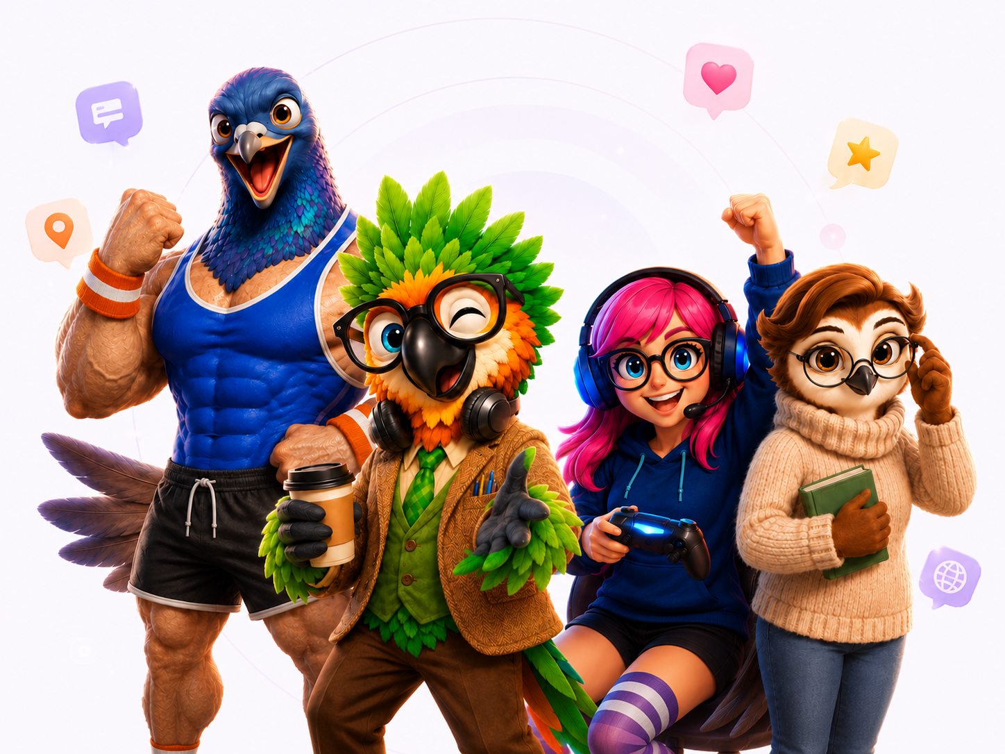 Personagens Friiends: Malhadin, Papagaio, GigaFofa e Tia Sofia